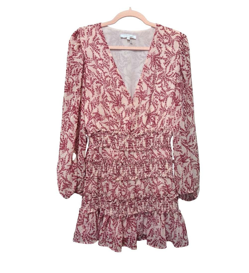 Olivaceous Pink Floral Long Sleeve V Neck Ruffle Mini Dress Size M